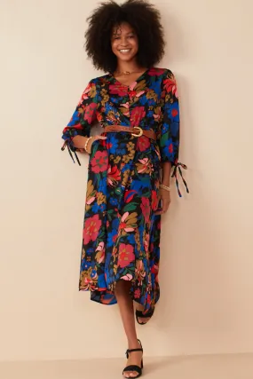Lounge Comfort Retro Floral Tie Sleeve Button Detail Dress