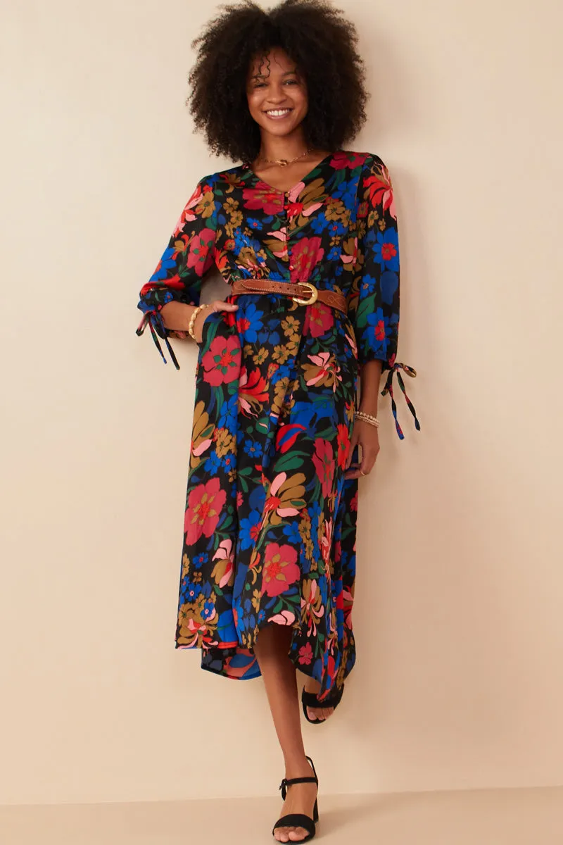 Retro Floral Tie Sleeve Button Detail Dress Artistic Detail