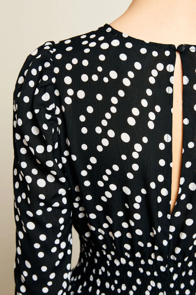 Snap-Closure Tailored-fit Retro Polka Dot Midi Dress With Gathered Sleeves