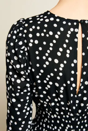 Dark Tones Printed-Fabric Retro Polka Dot Midi Dress With Gathered Sleeves