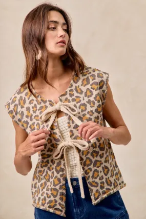 IT4321R-02 | LEOPARD BOW TIED CLOSURE SWEATER VEST Seamless Shoulder Design Soft Fleece Interior