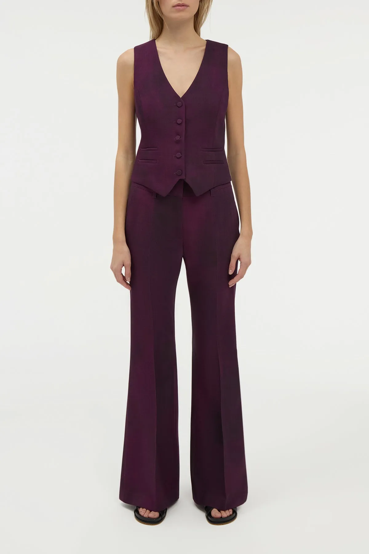 Rhein Flare Pant in Bordeaux Virgin Wool WaterRepellent Coating Reverseble Design