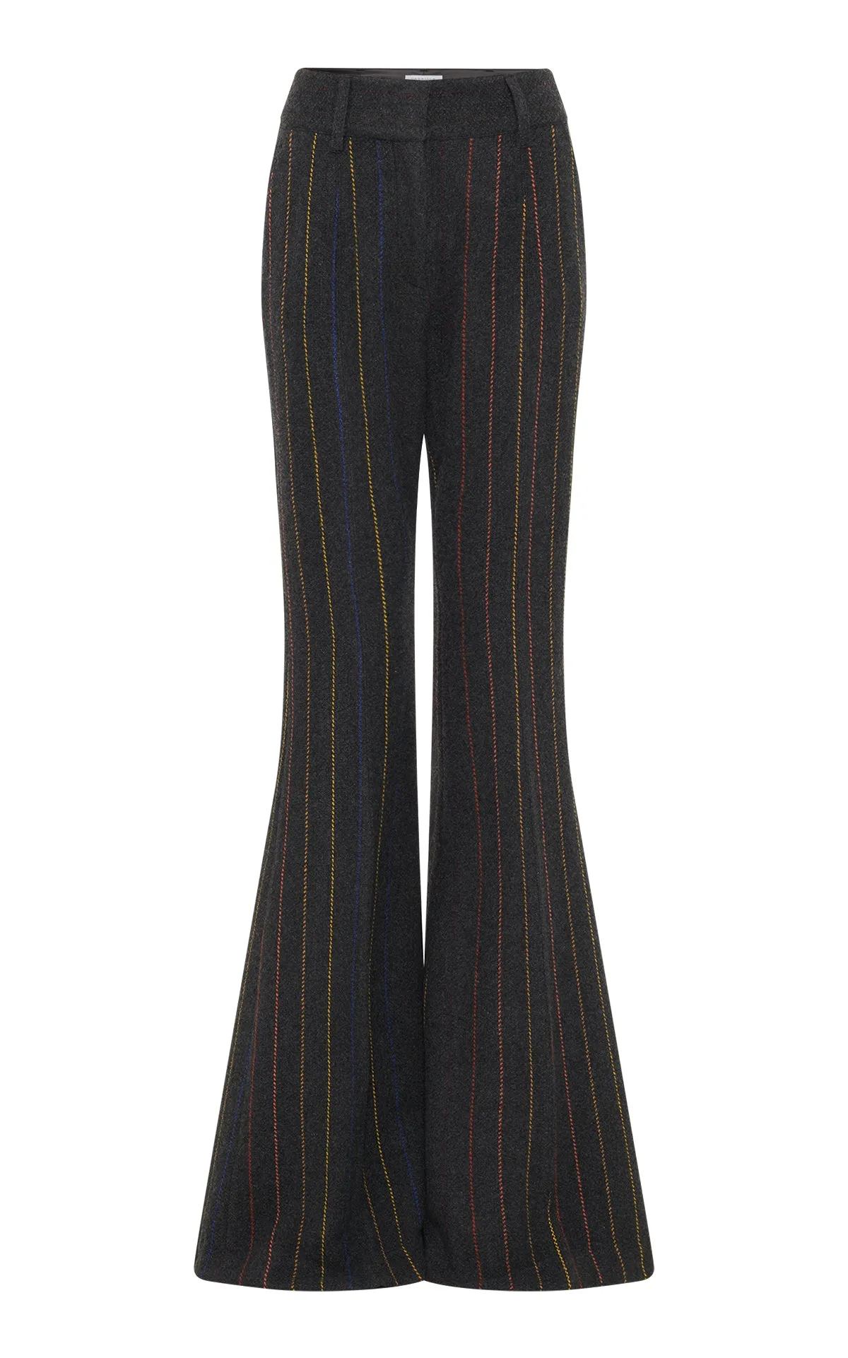 Rhein Flare Pant in Charcoal Multi Pinstripe Wool Cashmere Eco Friendly Dye RibbedTrim