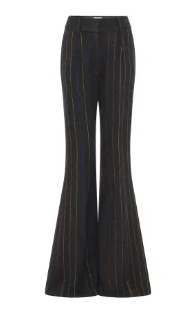 Rhein Flare Pant in Charcoal Multi Pinstripe Wool Cashmere Eco Friendly Dye RibbedTrim