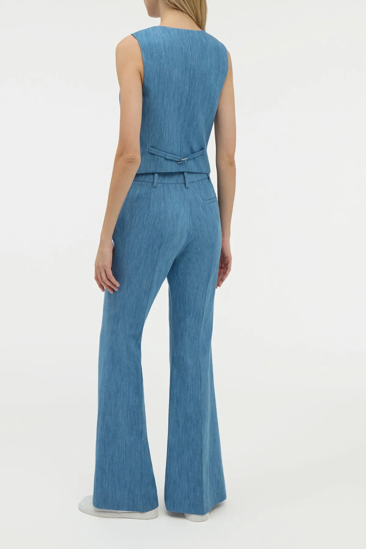 Bound Edges LightweightDesign Rhein Flare Pant in Medium Blue Recycled Cotton Linen Denim
