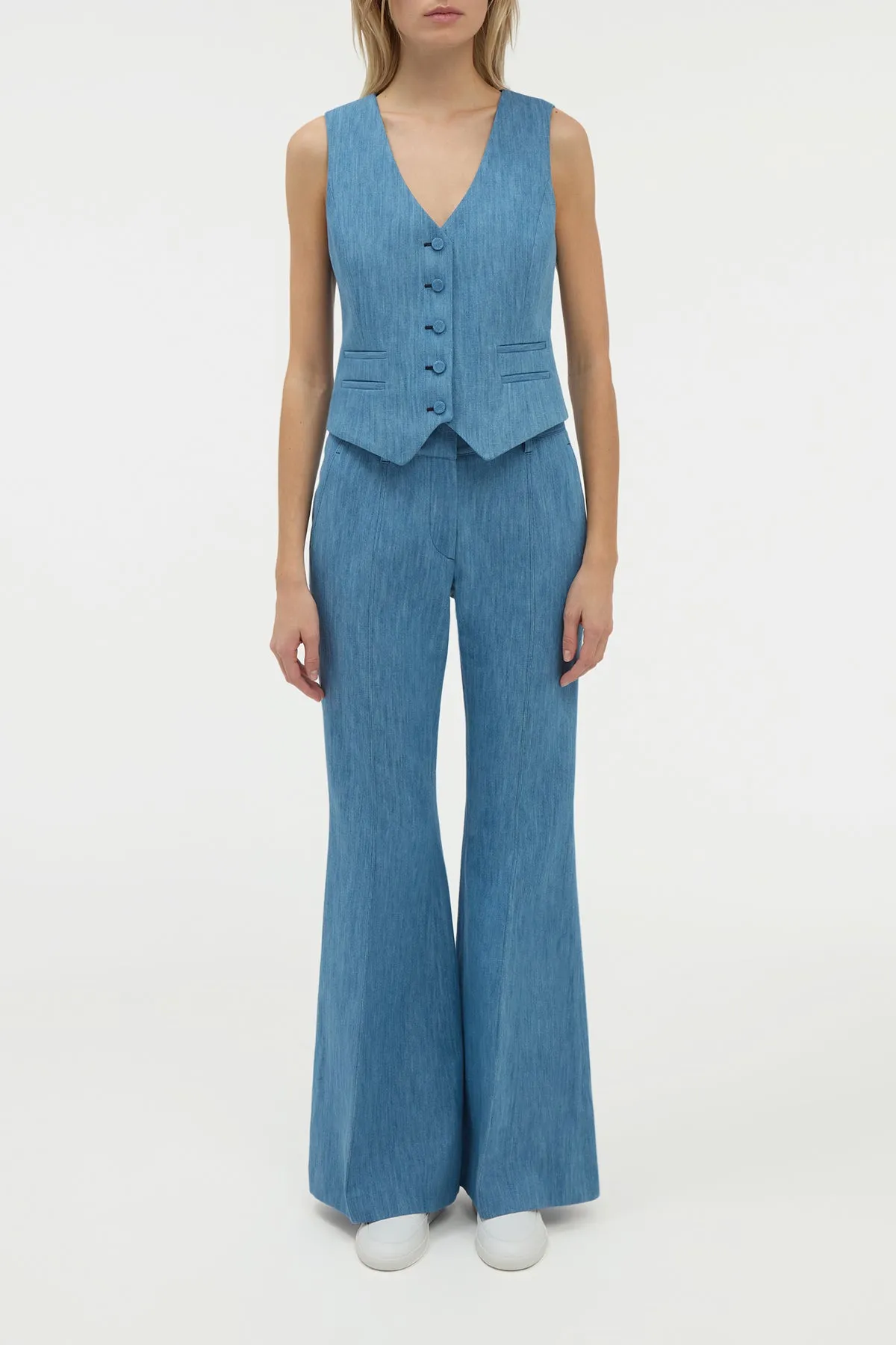 Rhein Flare Pant in Medium Blue Recycled Cotton Linen Denim Moisture Management BoxyCrop