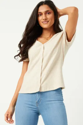 Ribbed Button Down V Neck Short Sleeve Top Winter Layer Contrast Stitch Detail