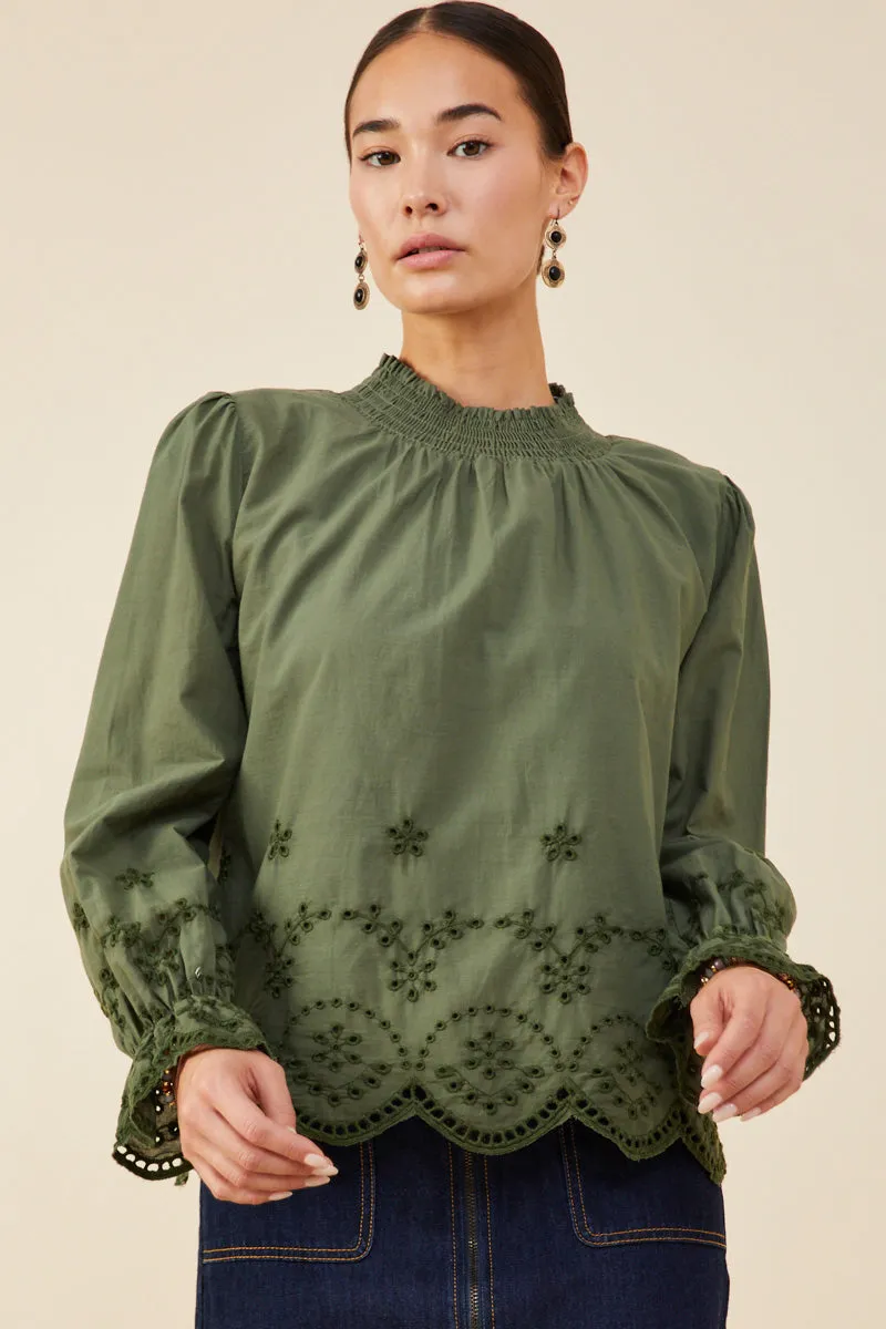 Scallop Hem Eyelet Embroidered Top Trendy Shirt
