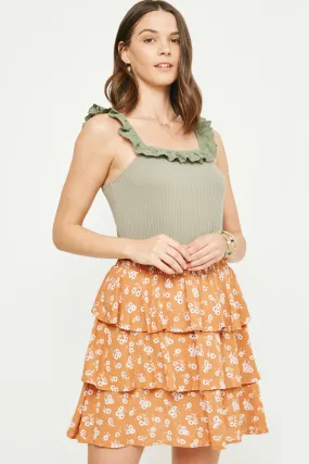 Ribbed Knit Ruffle Lace Trim Tank Reinforced Hem Stitching