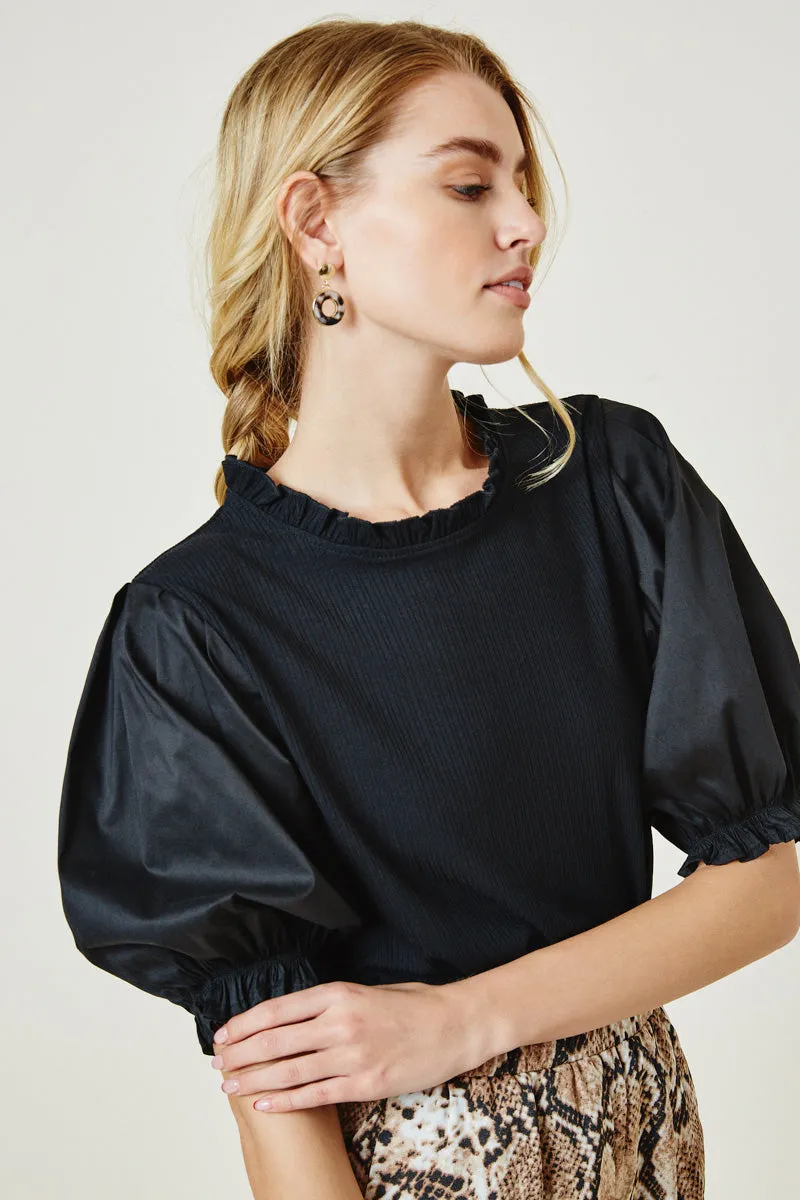 DurableWeave Placket Detailing Ribbed Mock Neck Puff Sleeve Top