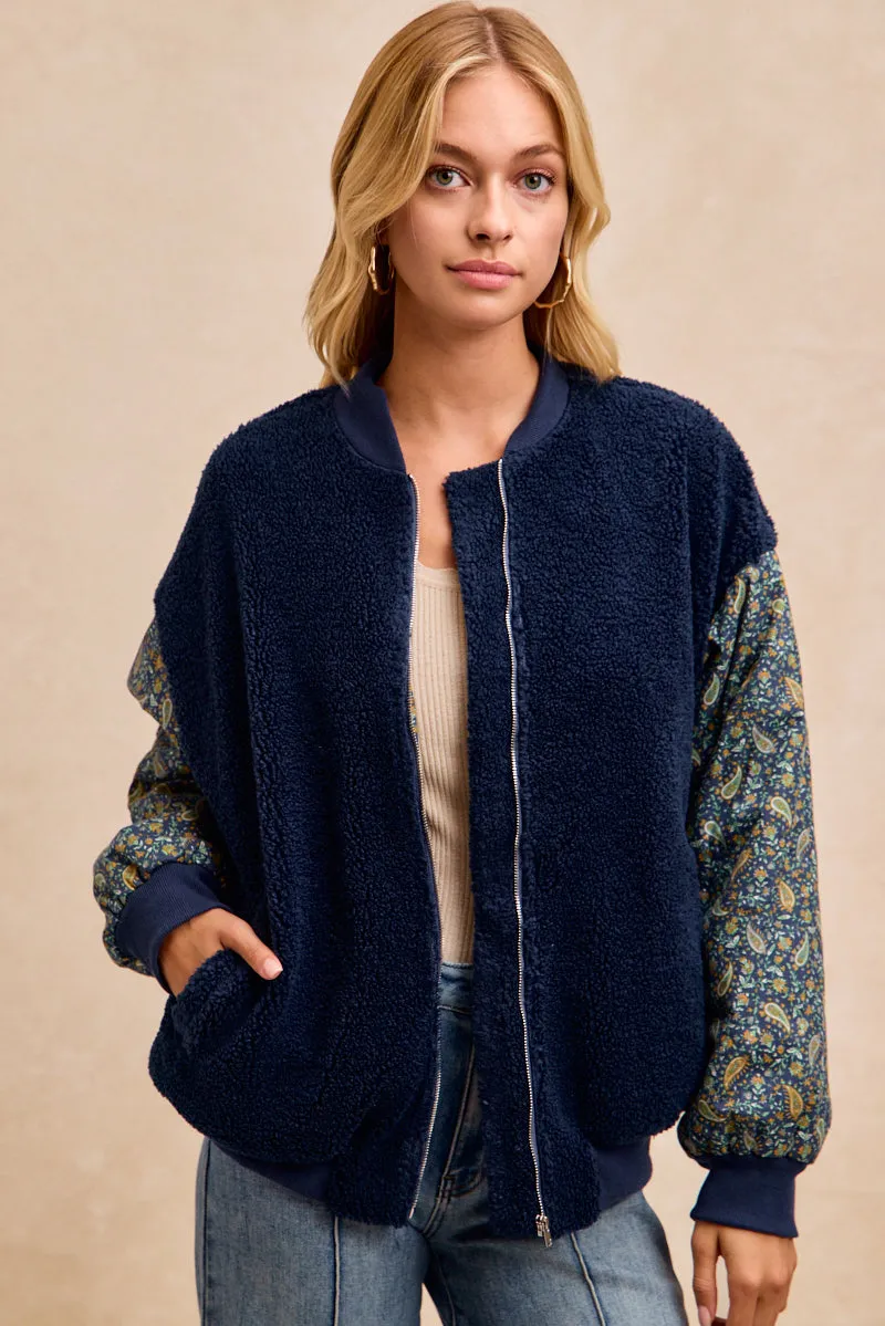 IT4748S-02 | SHERPA WITH PAISLEY PRINTED  SLEEVES BOMBER JACKET Light Reflective Printing