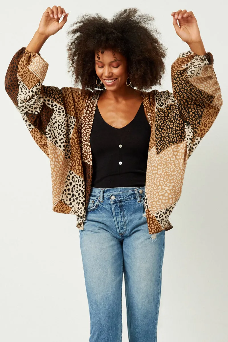 Patchwork Leopard Print Open Cardigan Compression Layer