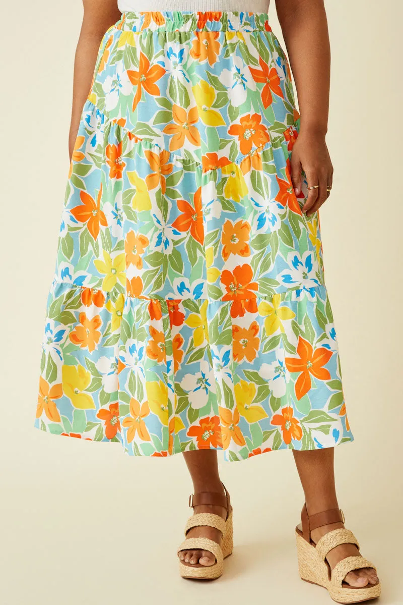 OrganicCotton Vivid Floral Elastic Waist Tiered Skirt
