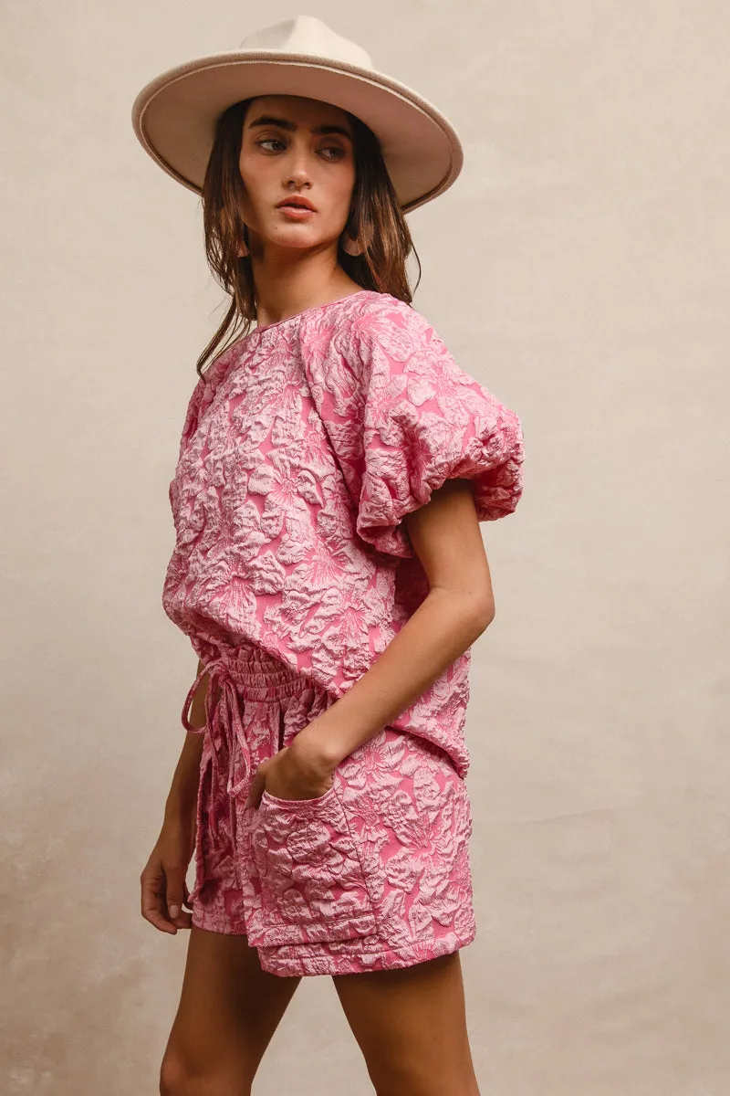 Soft Texture IB1268G-09 | FLORAL PATTERN TEXTURE PUFF SLEEVES TOP AND SHORTS SET
