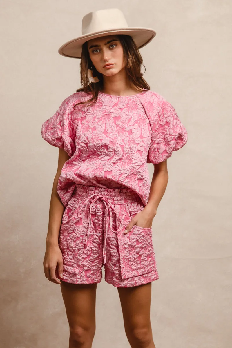 IB1268G-09 | FLORAL PATTERN TEXTURE PUFF SLEEVES TOP AND SHORTS SET Simple Silhouette Abrasion resistant