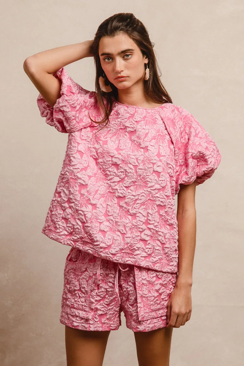 IB1268G-09 | FLORAL PATTERN TEXTURE PUFF SLEEVES TOP AND SHORTS SET Quick Adjust Fit Non Slip Waistband