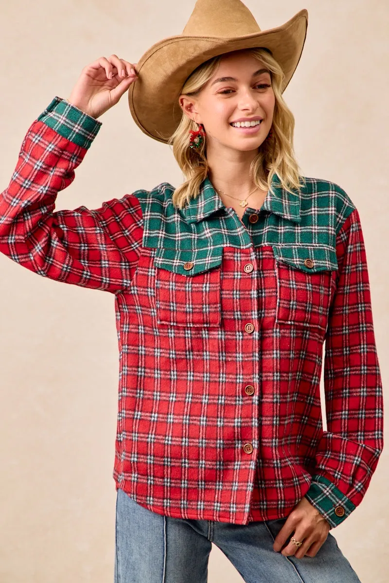 Convertible Style Modern Functional Design IT4671H-01P | CHRISTMAS GINGHAM SHIRTS TOP WITH LAPEL COLLARED