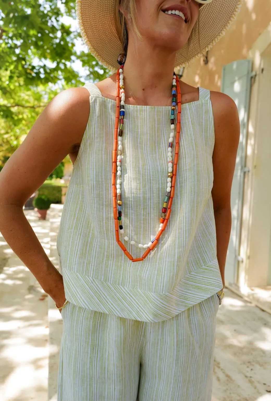 The Stokes Swing Top - Green Linen Stripe Simple Pullover