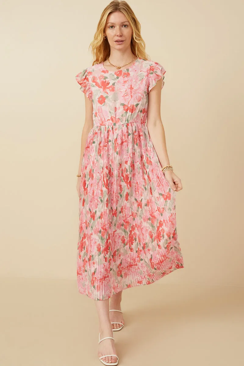 Romantic Floral Ruffle Tank Pleated Skirt Dress StretchableKnit