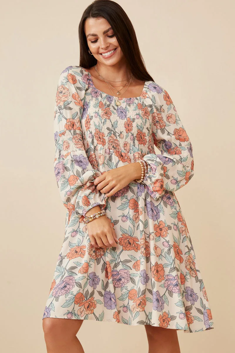 Classic Line French Vibe Romantic Floral Smocked Detailed Dress