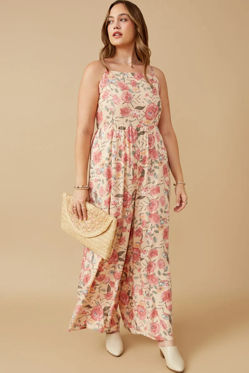 Farm Air Romantic Floral Smocked Wide leg Jumpsuit