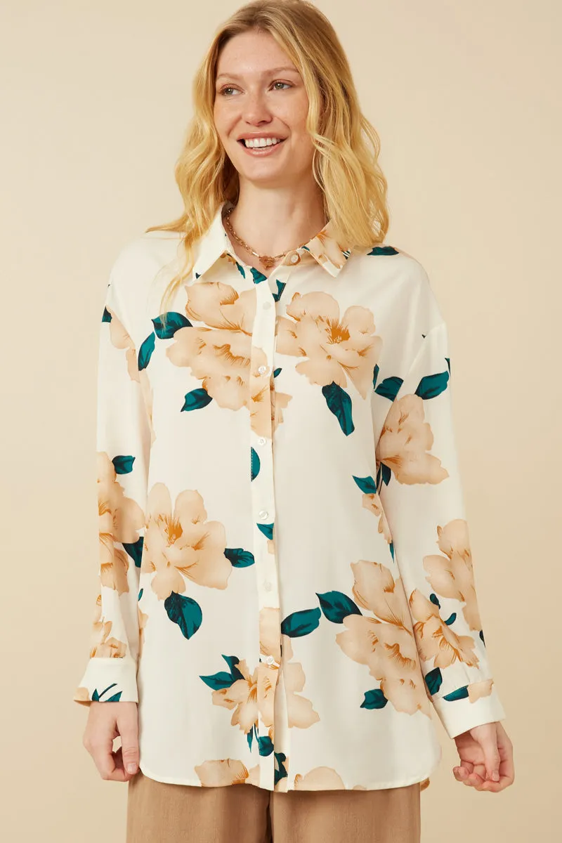Romantic Floral Soft Satin Button Up Shirt RaglanSleeve