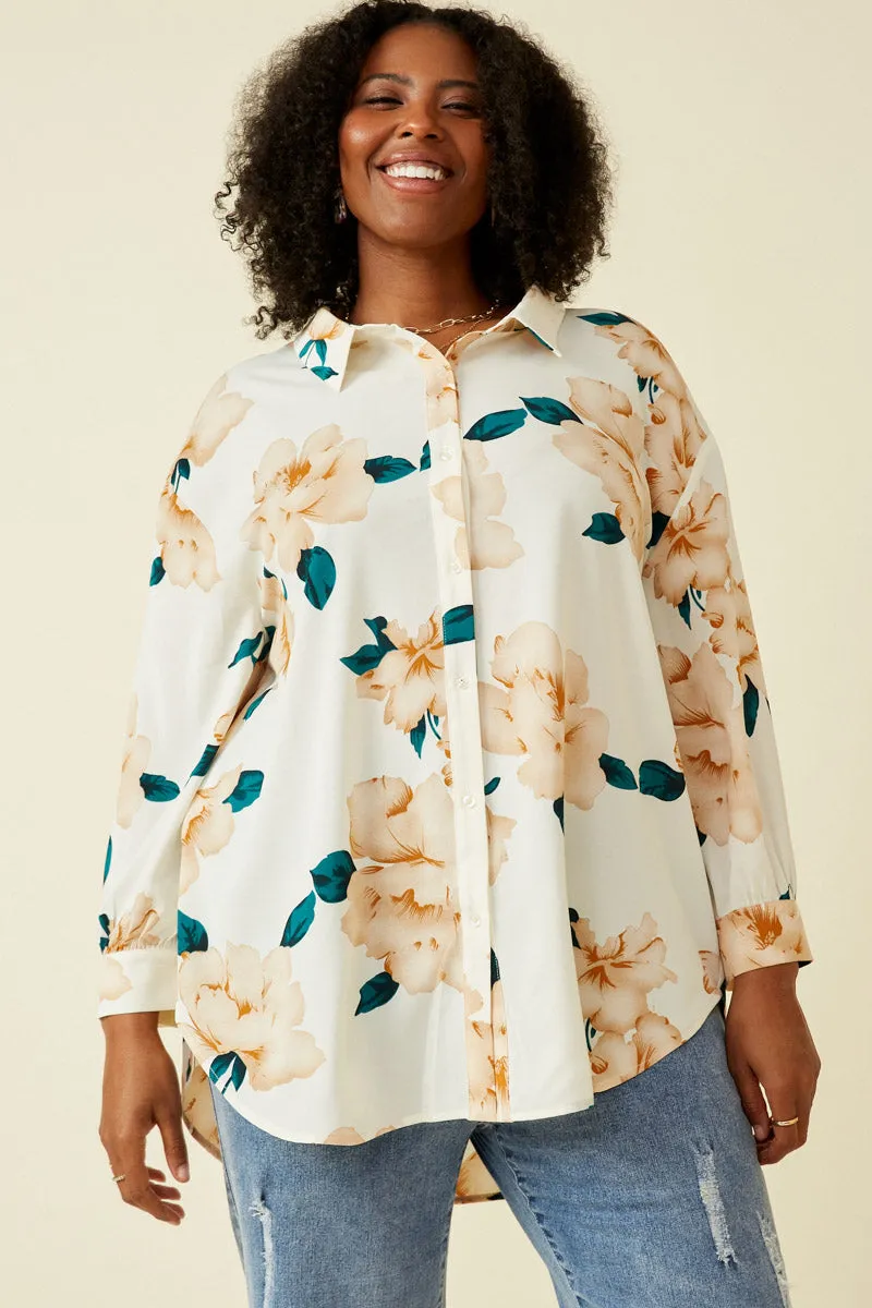 Romantic Floral Soft Satin Button Up Shirt Breathable fabric