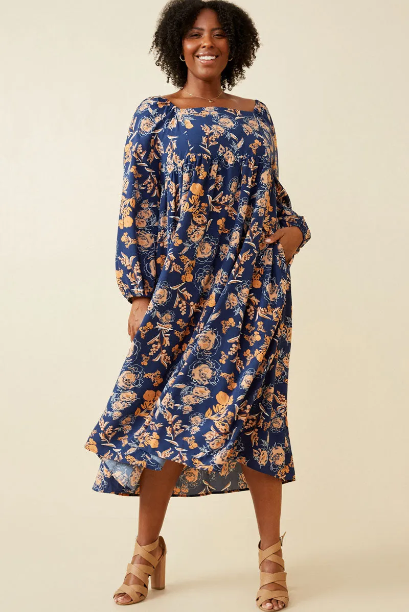 Romantic Floral Square Neck Midi Dress Linen Love Flared shape