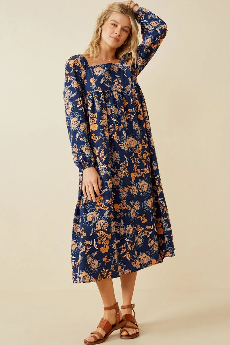 Polished Form Glossy-Finish Romantic Floral Square Neck Midi Dress