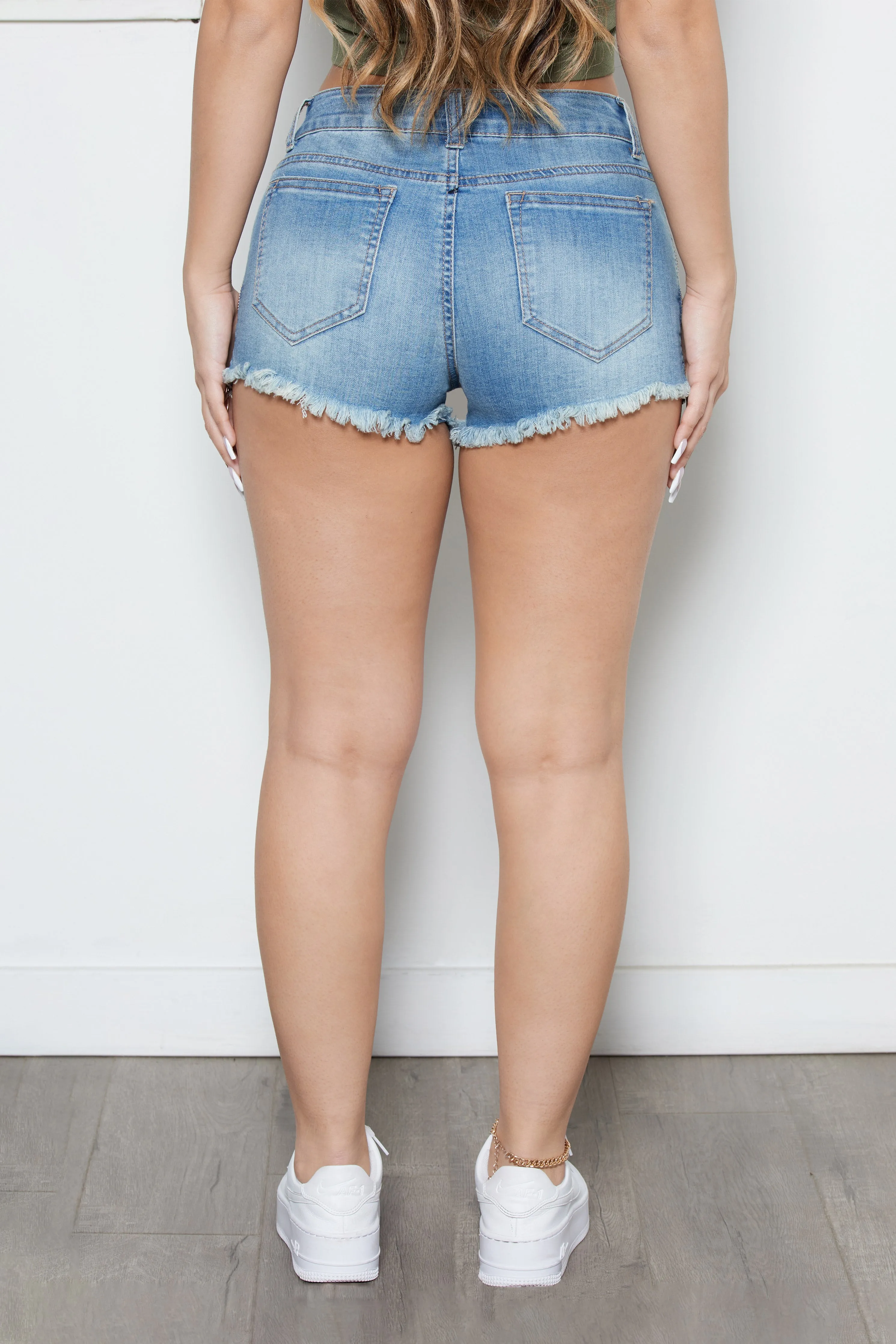 QuickReleaseBuckle Rose Gold Side Zipper Detail Denim Short