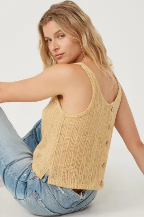 Loose Knit Ribbed Button Back Tank Organic Cotton Fiber Tapered Side Panels