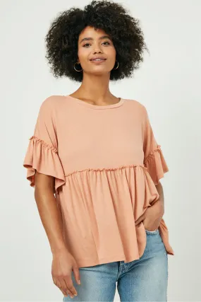 Flatlock Seam Technology Low Impact Manufacturing Ruffle Detail Peplum Knit Top