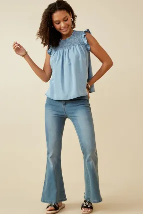 Ruffle Detailed Smocked Denim Tencel Tank Slim Silhouette