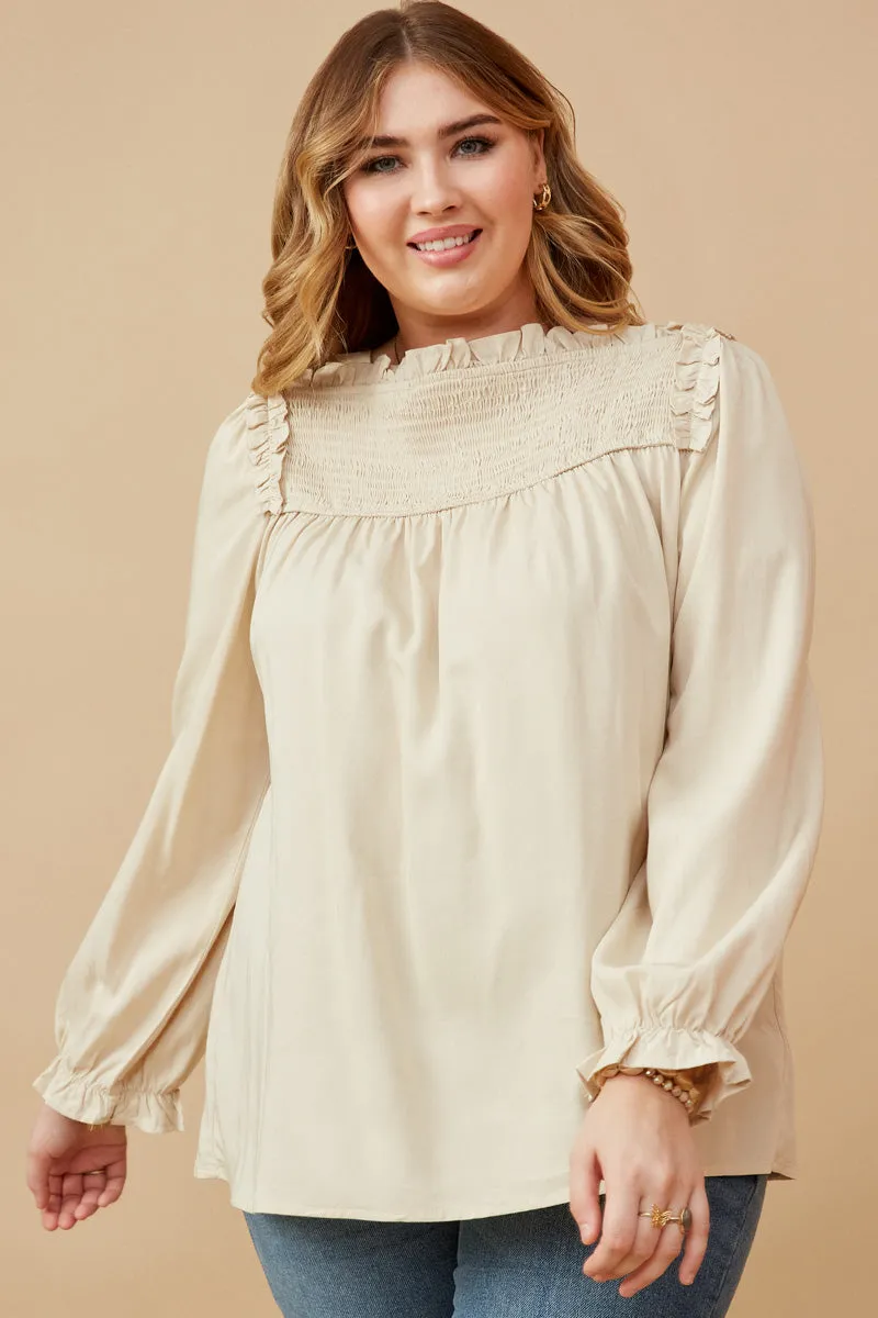 Ruffle Lined Smocked Yolk Long Sleeve Top AntiStatic Treatment ContouredPanels