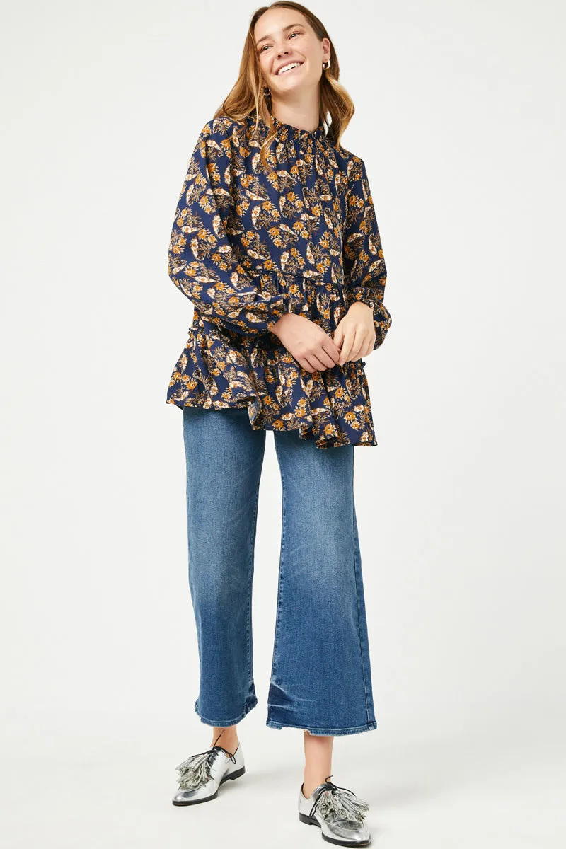 Ruffle Tiered Smock Neck Paisley Print Top DurableWeave