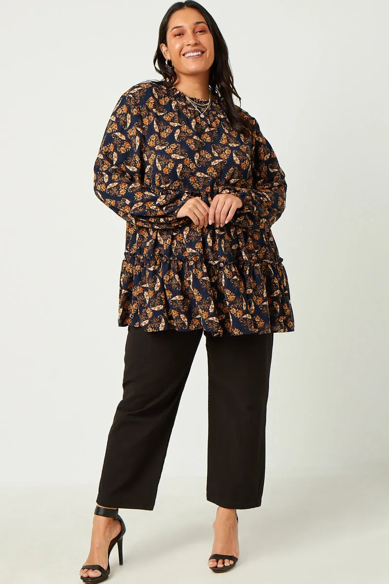 Brushed Microfiber Surface Ruffle Tiered Smock Neck Paisley Print Top