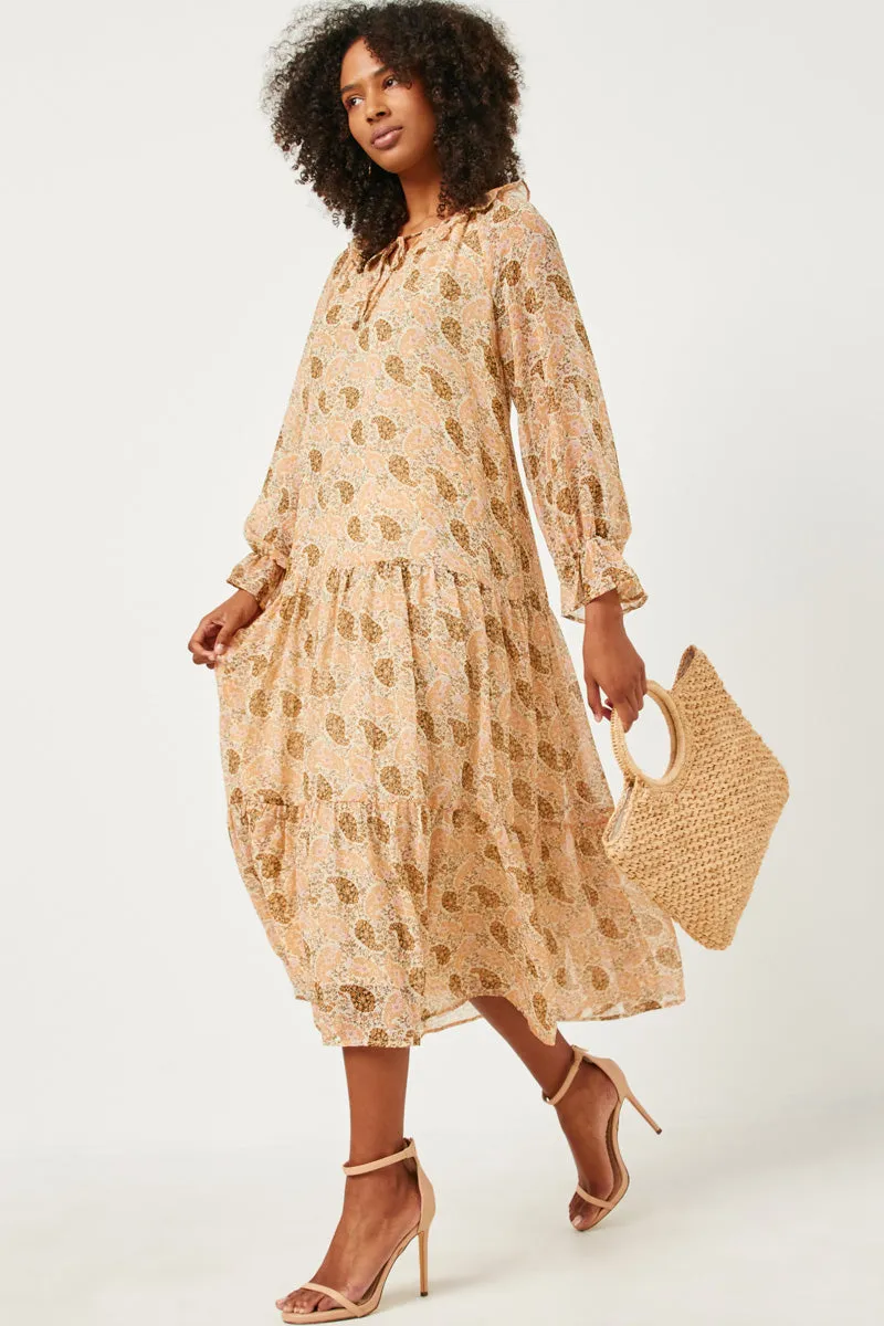Ruffled Neck Paisley Print Long Sleeve Dress Outdoor Vibe Vintage feel