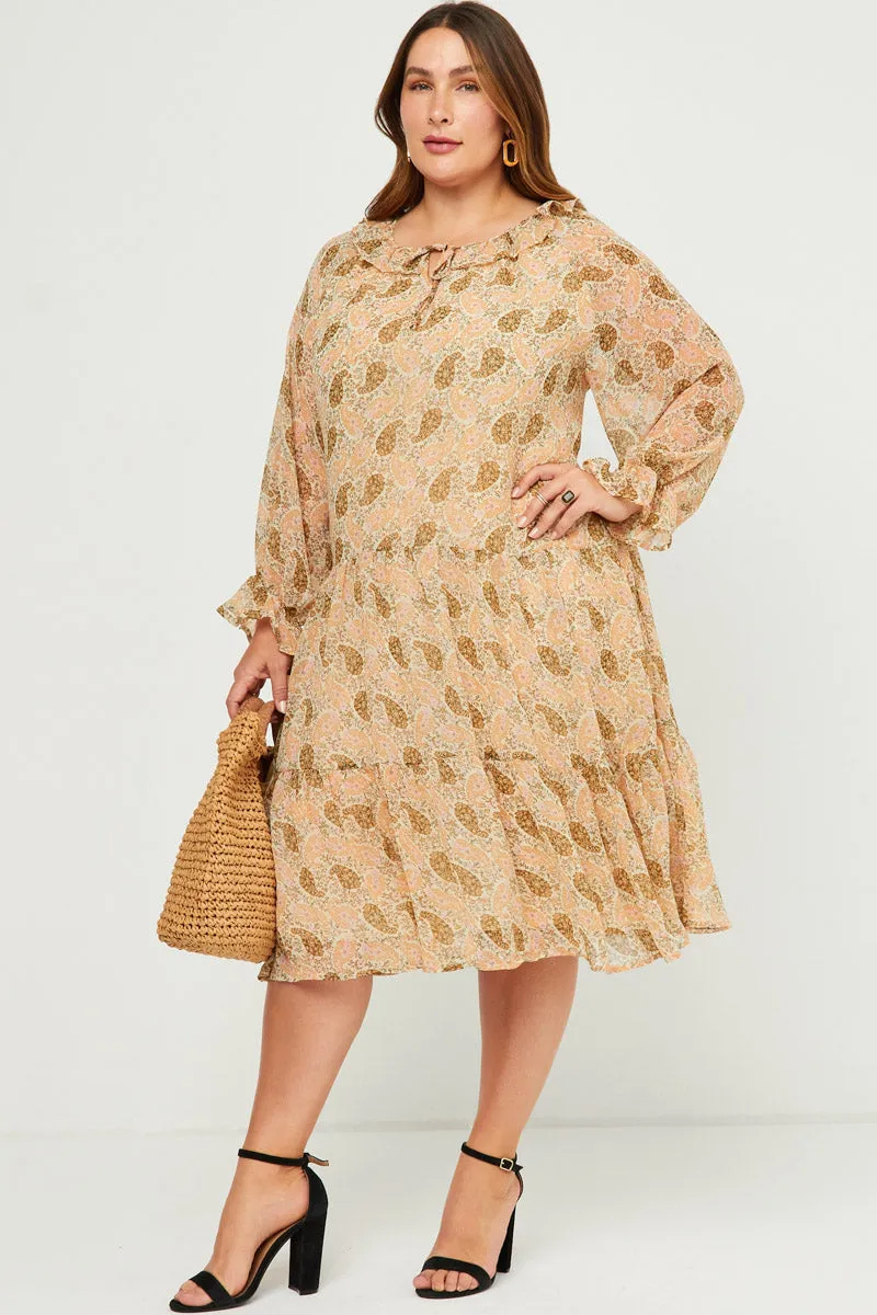 Ruffled Neck Paisley Print Long Sleeve Dress Effortless Touch Youthful Feel