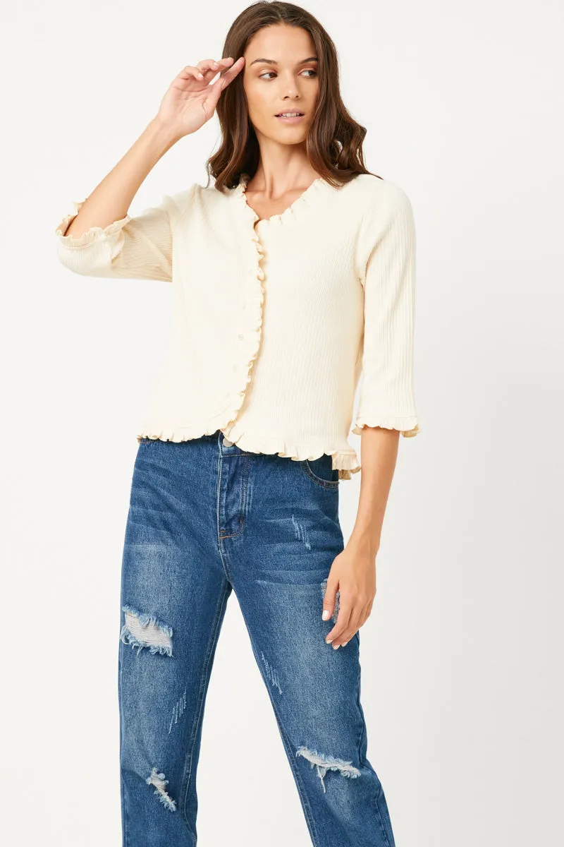 Ruffled Placket And Cuff Buttoned Cardigan Seamless Edge Finishing Ventilated Back