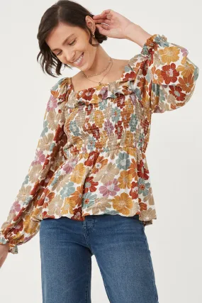 Ruffled Shoulder Smocked Romantic Floral Top Midweight Four Way Stretch