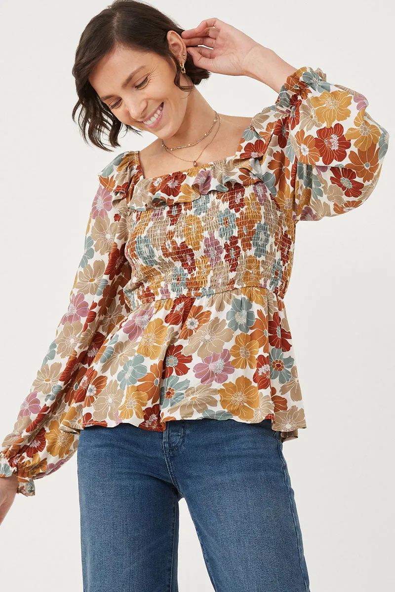 Ruffled Shoulder Smocked Romantic Floral Top Midweight Four Way Stretch
