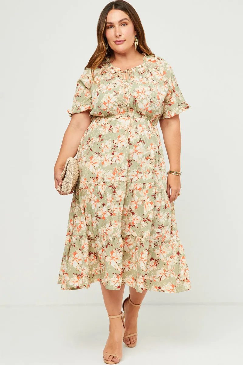 Soft Outfit Mix-And-Match Ruffled Tie Neck Cinch Waist Floral Print Dress