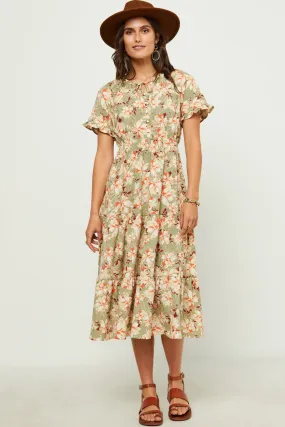 Fitted waist Ruffled Tie Neck Cinch Waist Floral Print Dress