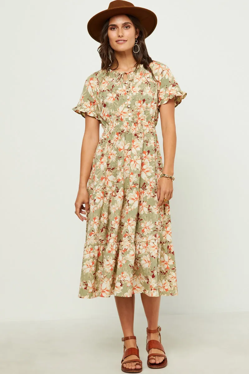 Ruffled Tie Neck Cinch Waist Floral Print Dress Clean Vibe