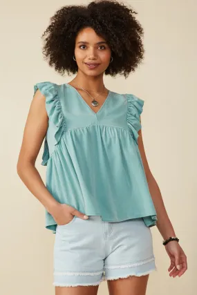 Ruffled V Neck Wash Tencel Tank NonRestrictiveSilhouette