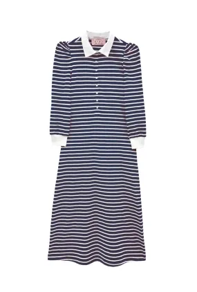 Stretch Material RibbedNeckline Rugby Dress Midi - Blue Stripe