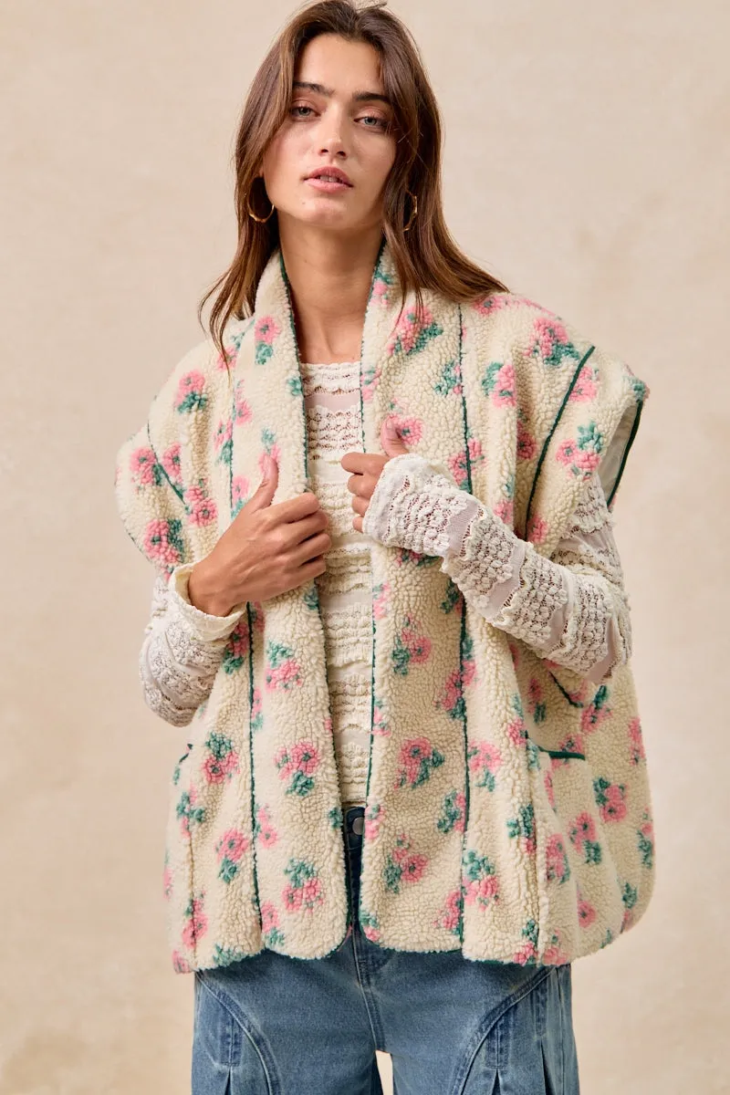 Adjustable Cuffs ElasticCuffs IT3481G-08 | FLORAL PRINT DROP SHOULDER FLEECE VEST WITH POCKETS