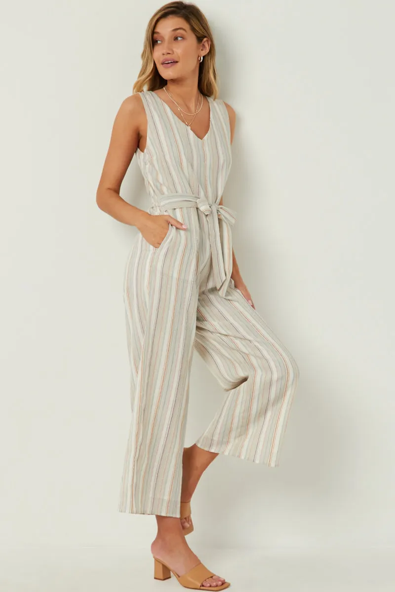 Multi Stripe V Neck Sleeveless Belted Jumpsuit Tailored Comfort Color Pop