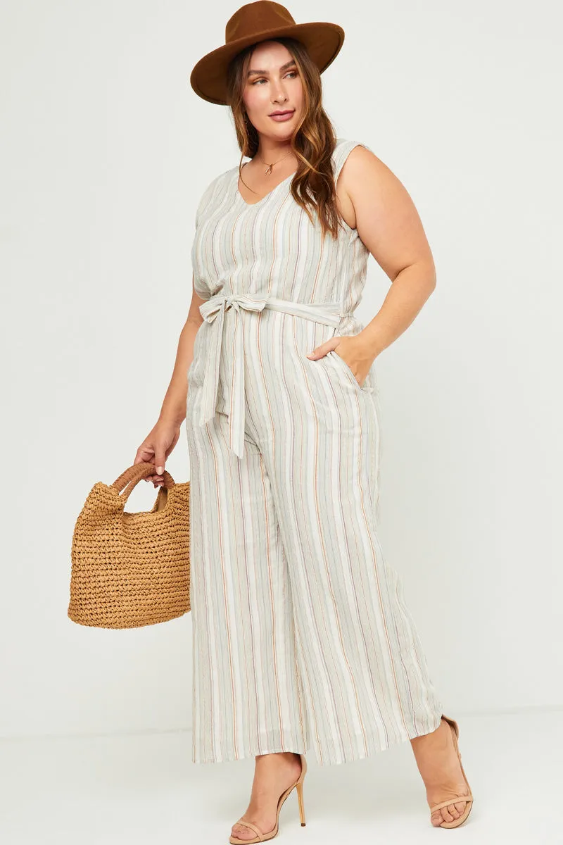 Multi Stripe V Neck Sleeveless Belted Jumpsuit Light Base Pure Elegance