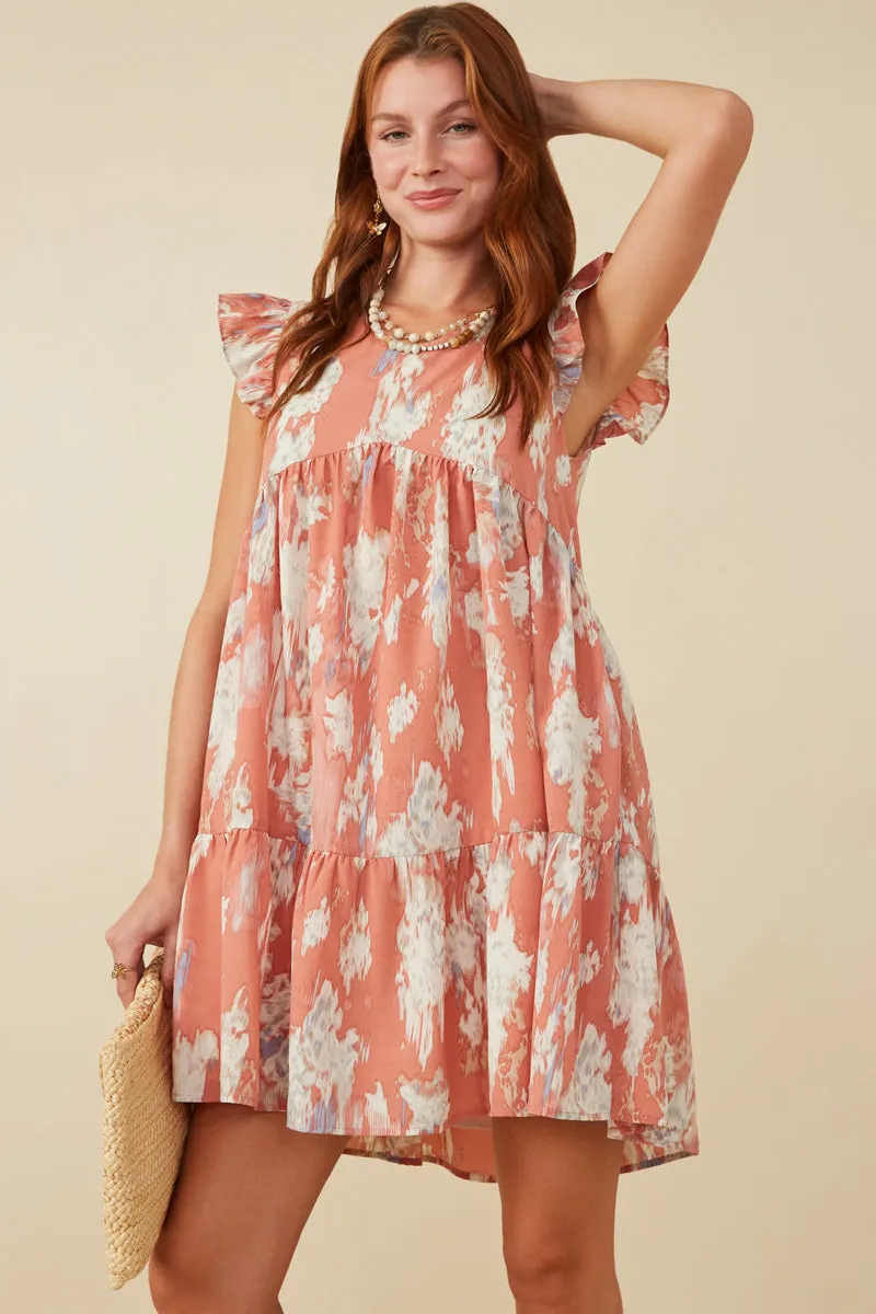 Watercolor V Neck Tiered Ruffled Dress Sheer Overlay Evening Vibe